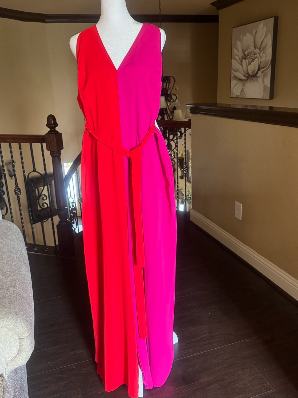 Women's Two-Tone Red & Hot Pink V-Neck jumpsuit with Waist Tie